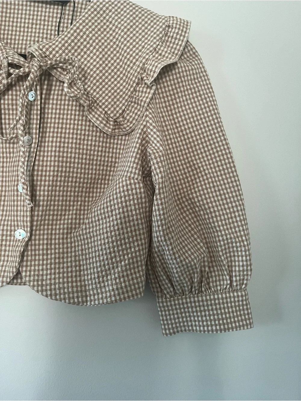 Zara Tan White Gingham Collared Puff Sleeve Top XS Cottagecore Western Farm